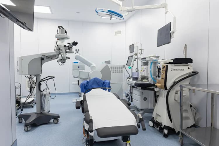 Salle opératoire avec table, microscope et équipements médicaux