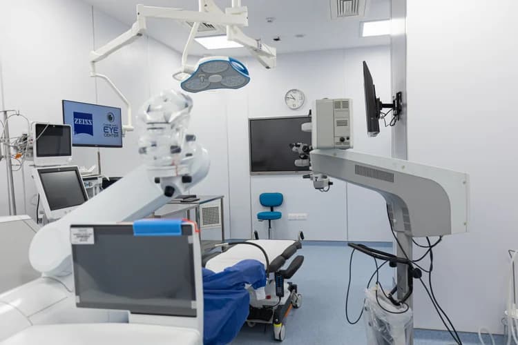 Salle d’intervention avec microscope et moniteur médical