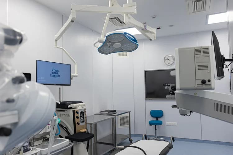 Salle opératoire avec éclairage et microscope médical