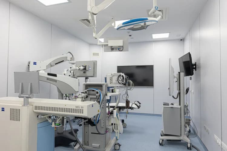 Salle opératoire avec grand écran et équipements médicaux